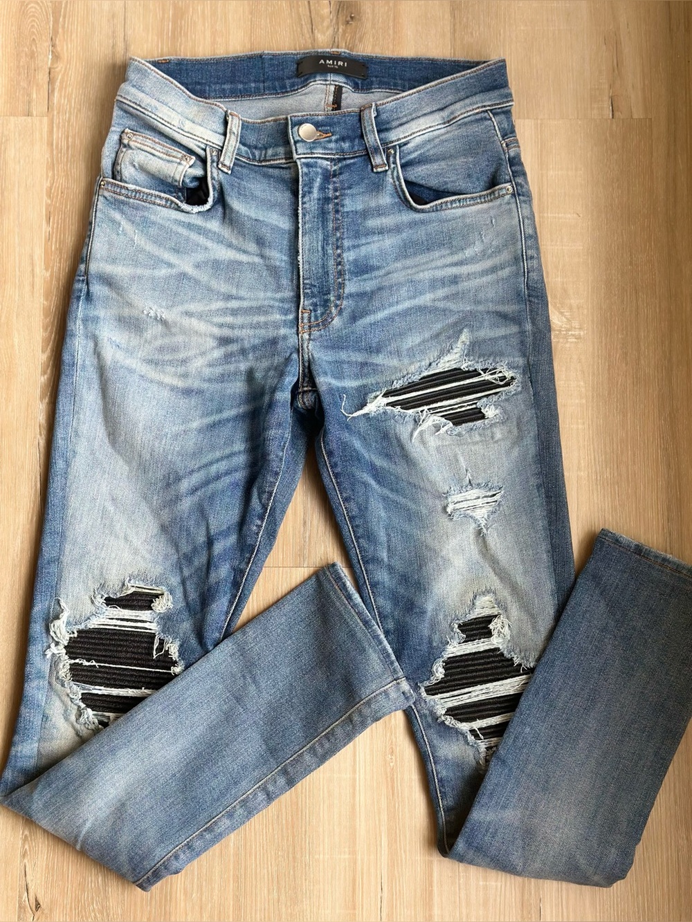 Authentic Amiri Mx1 Early Era Pleated Leather Patch Distressed Jeans 30x30